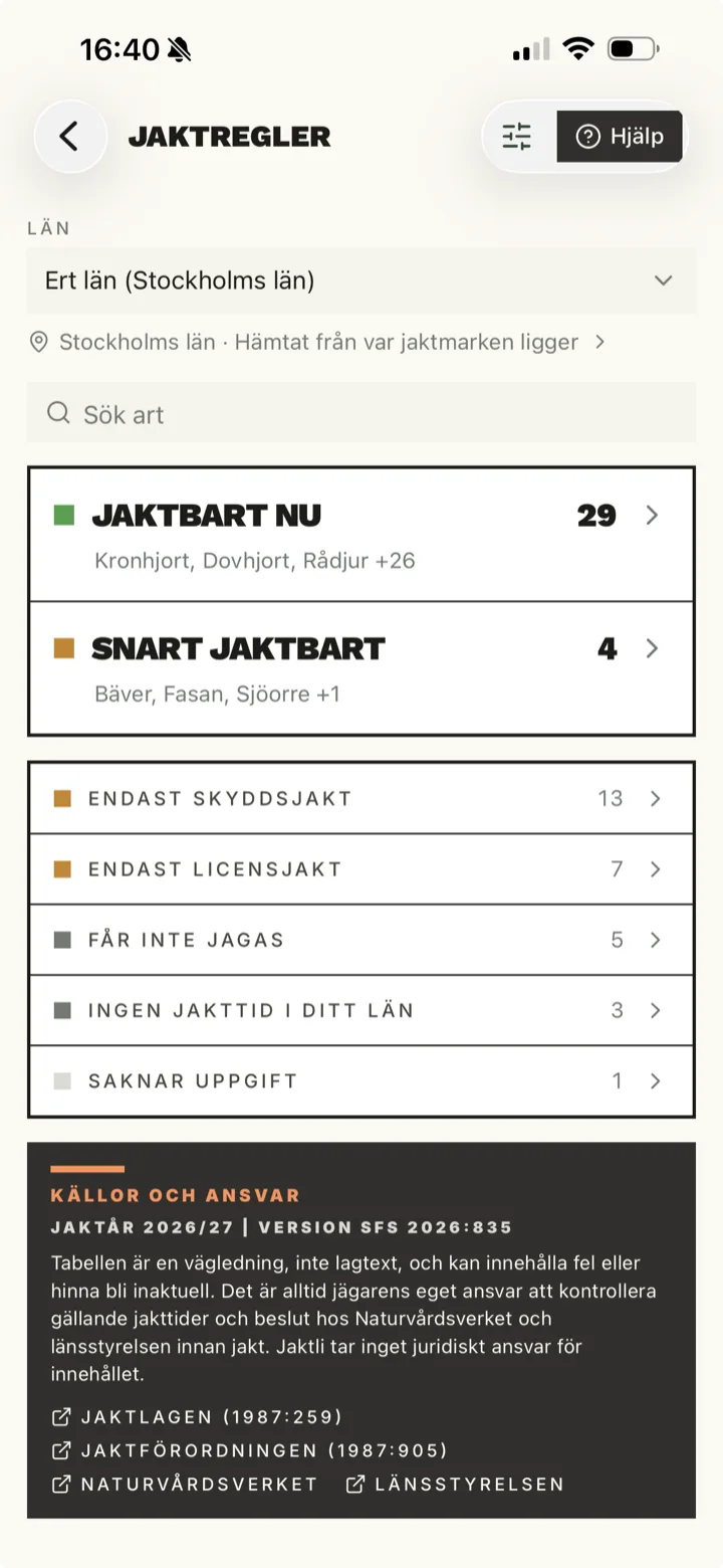 Hunting seasons in the Jaktli app